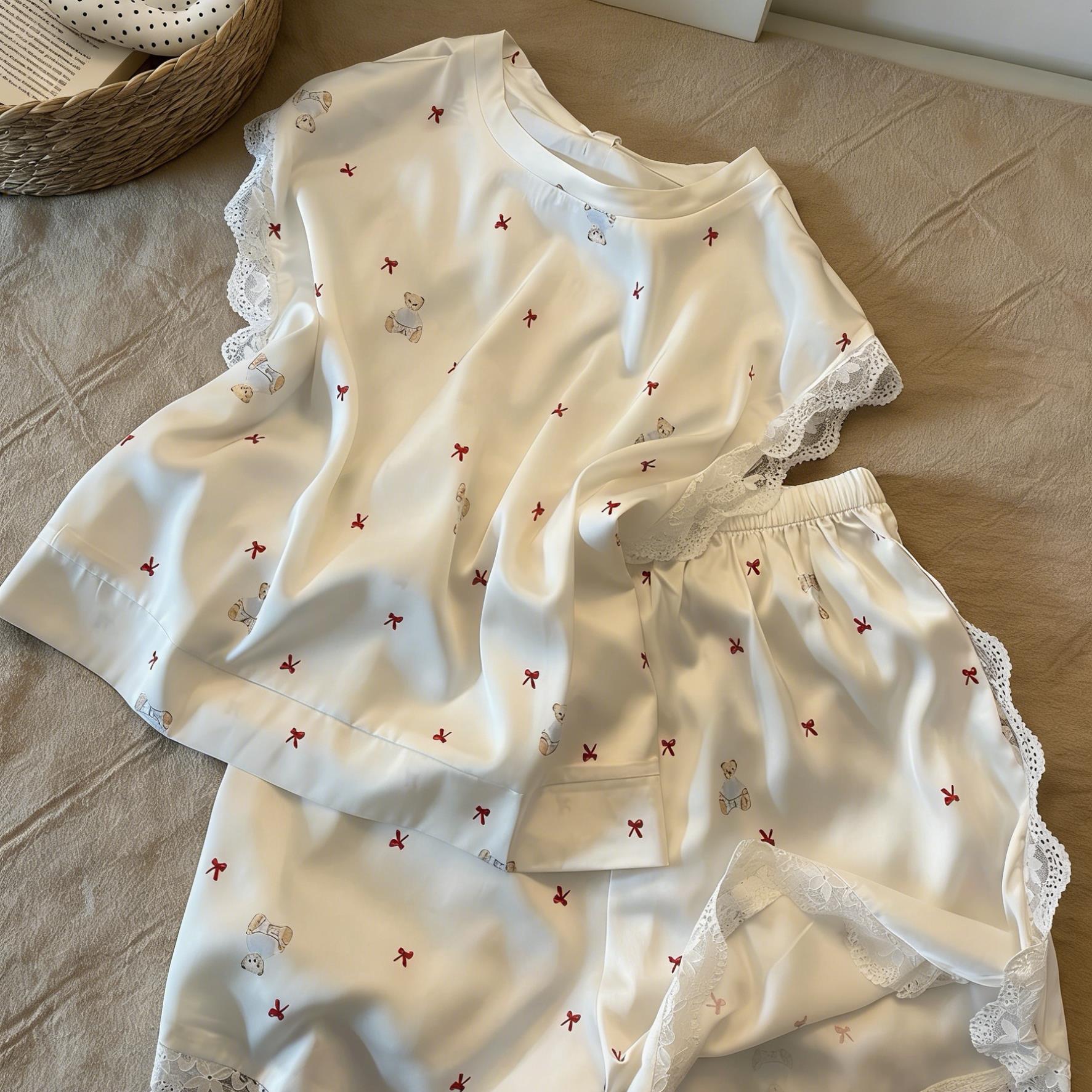 韩系蕾丝豹纹套头睡衣女春夏季丝绸条薄款短袖港风冰丝家居服套装