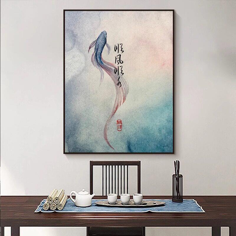 新中式锦鲤进门玄关招财风水装饰画客厅饭厅茶室挂画高级感艺术画