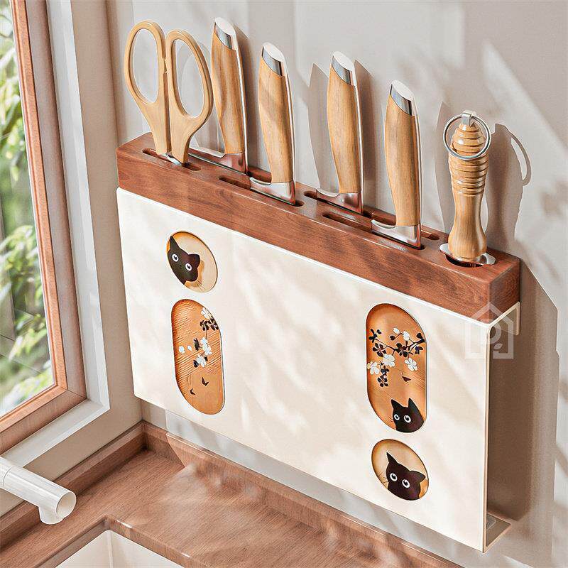 实木刀架置物架中古风筷笼菜刀座刀具一体家用壁挂收纳层架菜刀架