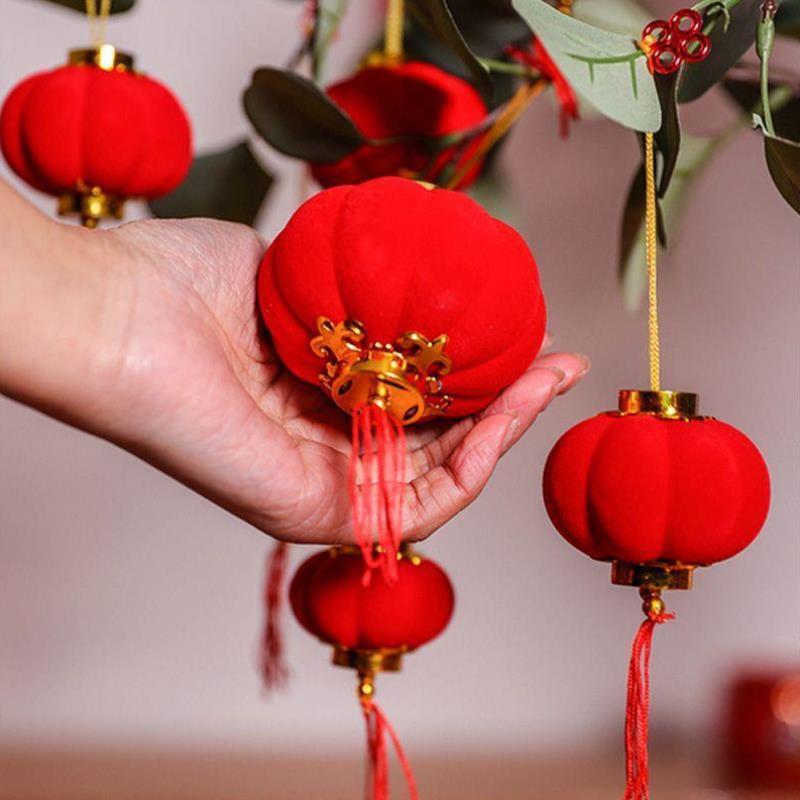 新年挂件塑料植绒小灯笼串过年春节绒布灯笼树上盆栽盆景装饰