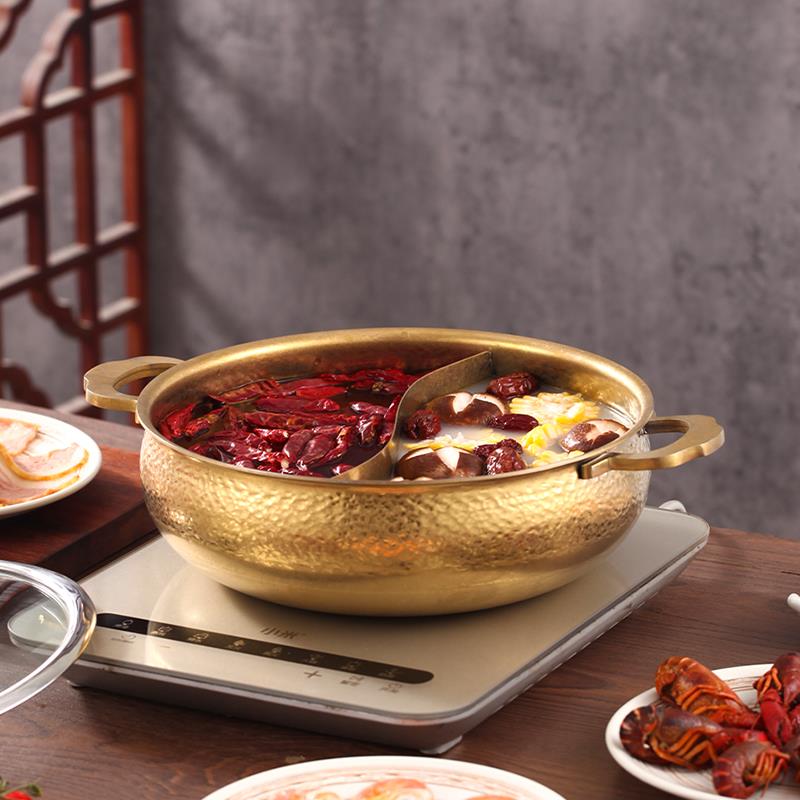 宝士杰304不锈钢鸳鸯锅商用做旧二味火锅加厚电磁炉燃气灶通用