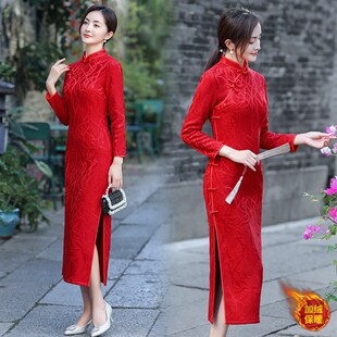 旗袍中年女妈妈婚礼服2022年秋冬款大码加绒喜婆婆婚宴装连衣裙子