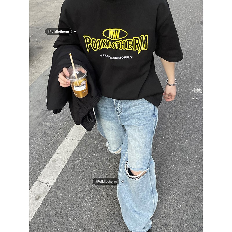 PLTH*植绒立体印花高街宽松重磅255g街头潮牌小众圆领T恤男女短袖