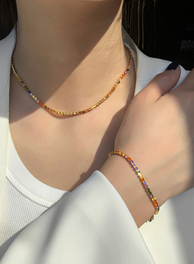 多巴胺穿搭彩色满钻锆石项链女轻奢小众设计高级精致手链颈链套装