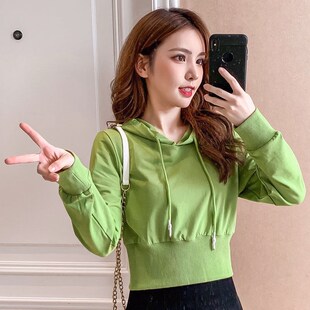 2024年新款春秋韩版显瘦百搭上衣高腰外套潮时尚短款束腰卫衣女装