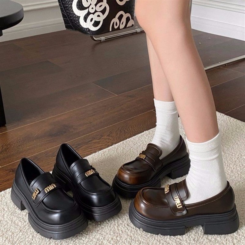 法式复古百搭大头松糕厚底小皮鞋女2024冬季新R款配裙子一脚蹬单