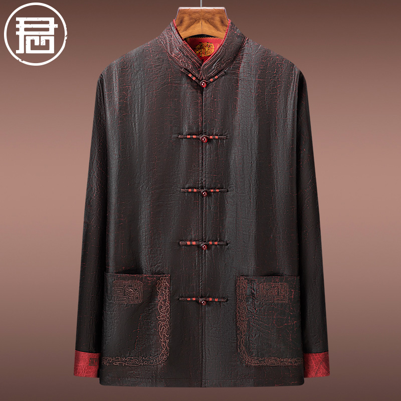 高端香云纱男装唐装中老年爸爸真丝G中国风中式礼服秋冬装男外套