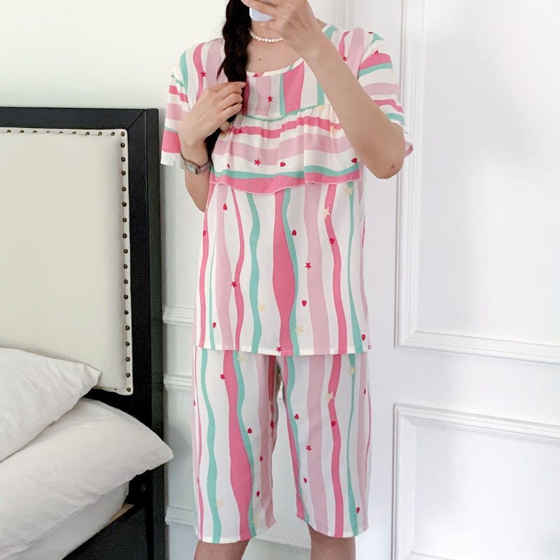 网红薄款棉绸中裤睡衣女夏可外穿条纹宽松甜美少女家居服大码套装图片