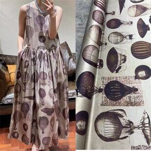 欧货爆款b热气球印花斜纹弹力真丝布料高定连衣裙套装衬衫服装面