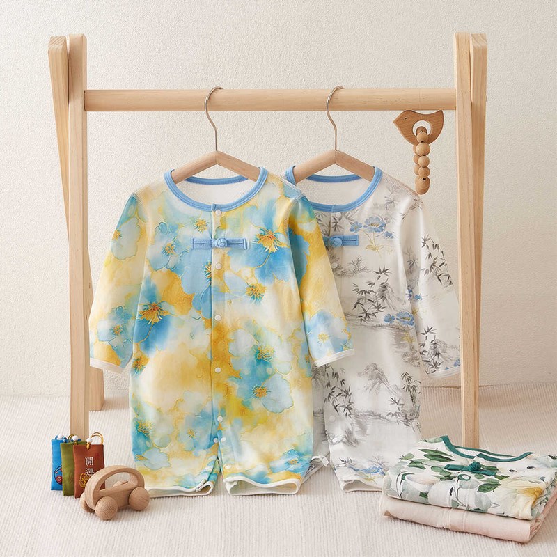国风婴儿夏季连体衣薄款衣服a类夏装纯棉男女宝宝长袖婴幼儿外出