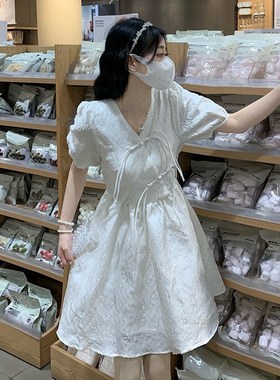 高中生甜美白色裙子夏韩版气质少女小个子初中学生收腰显瘦连衣裙