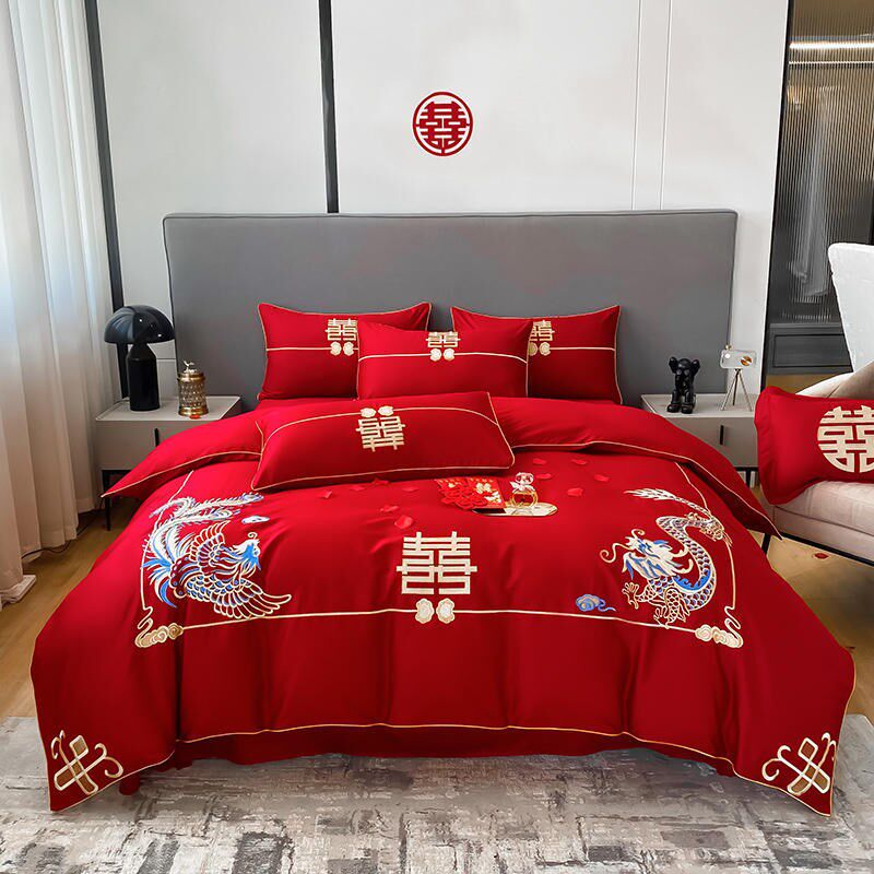高档婚庆长绒棉j刺绣纯棉四件套大红色床单被套结婚喜庆