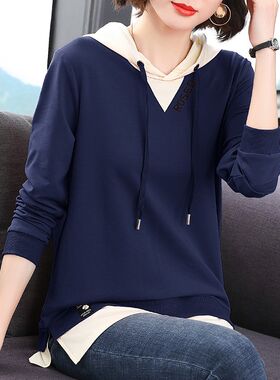 纯棉假两件卫衣女装2024春秋新款长袖t恤连帽中长款打底衫上衣服