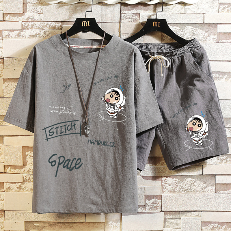 潮牌亚麻休闲运动套装男夏季冰丝短袖短裤L两件套男装大码宽松一