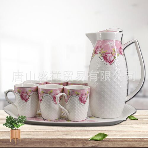 陶瓷水具冷水壶h茶具套装创意浮雕杯子实用水杯家用八件套带托盘