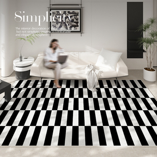 简约黑白色系条纹格子客厅地毯轻奢高级感沙发茶几卧W室地垫子隔