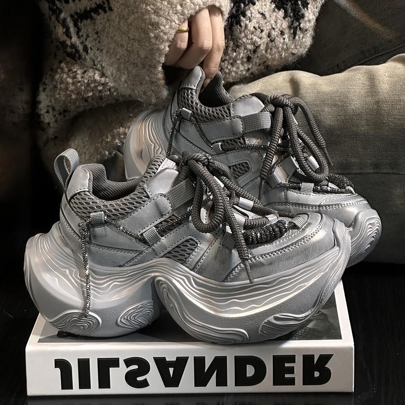 欧货水钻真皮做旧松糕厚底老爹鞋女D百搭小个子增高休闲运动鞋单