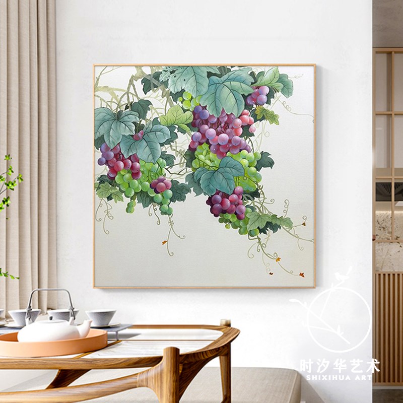 紫气东来手绘油画客厅p餐厅装饰画硕果累累葡萄水果玄关挂画正方图片