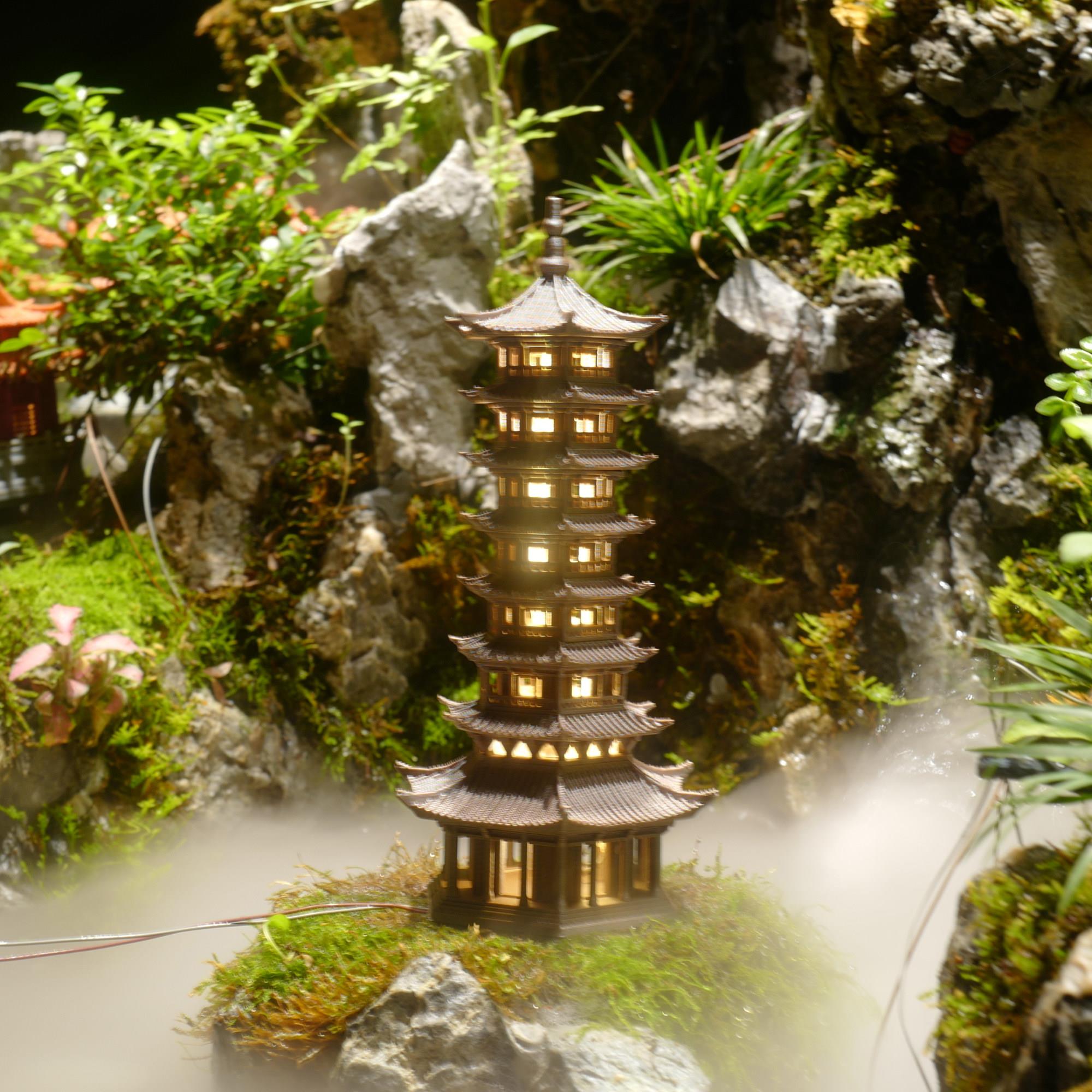 中式古风建筑鱼缸造景摆件假山水陆缸盆景微景观3D打印灯光六角塔