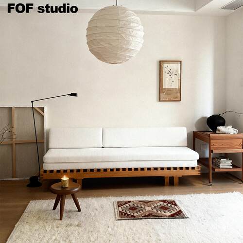 FOF太平洋枫木中古抽拉沙发床棉麻原木实木床架客厅单人双人床