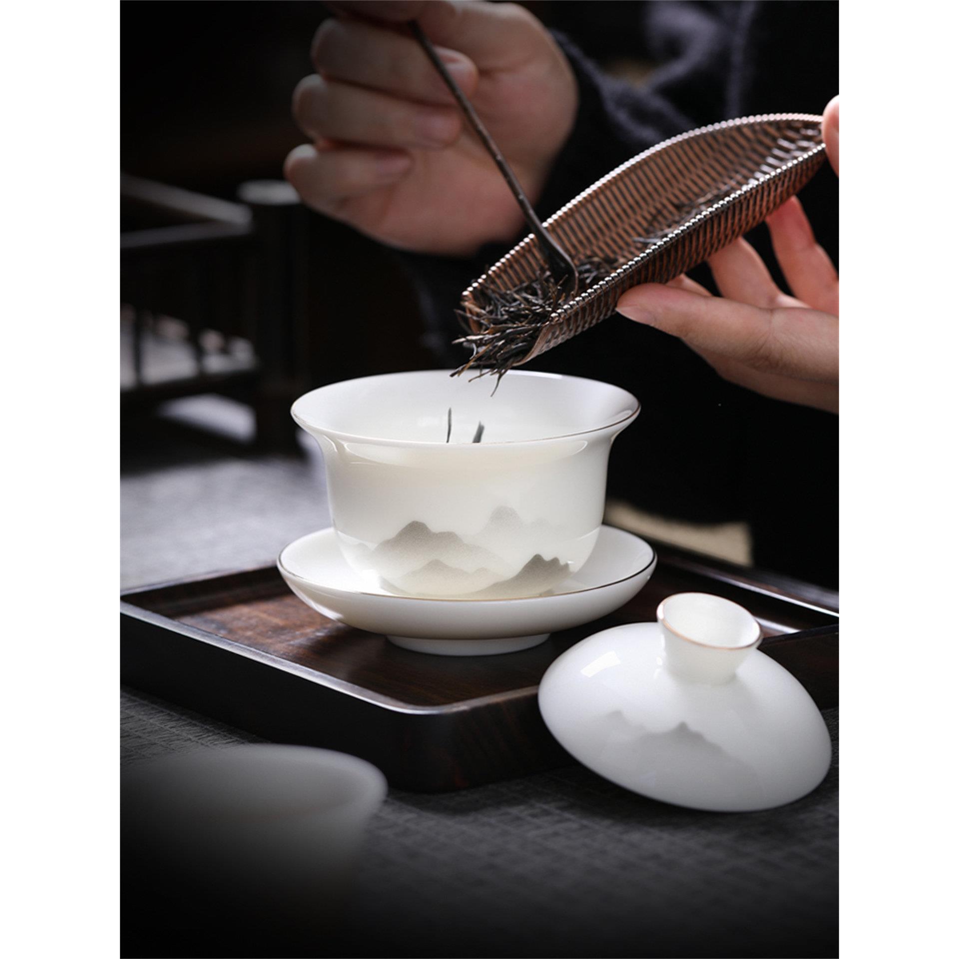 茶具有盖碗单不烫三彩白瓷羊肉肥玉瘦体茶杯冲骨茶碗茶杯大
