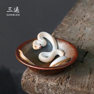 孤品手作 翁村正纯手工柴烧灵蛇茶杯粗陶茶盏老岩泥主人杯单杯