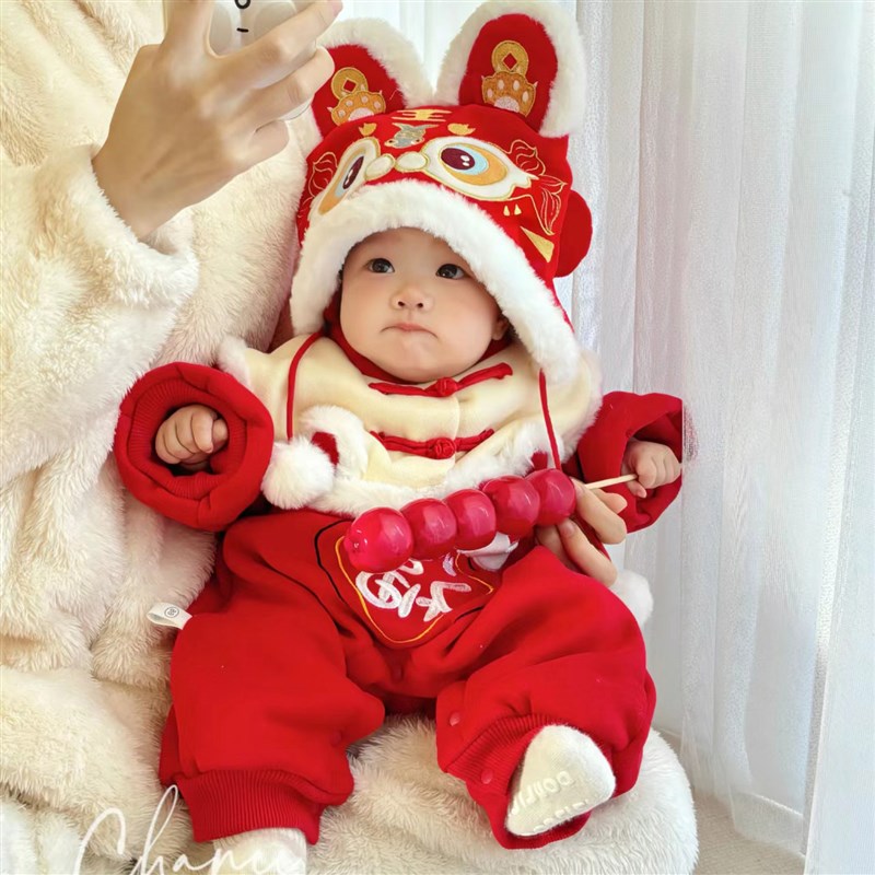 宝宝新年衣d服冬季加绒连体衣23新生儿拜年服过年喜庆哈衣可爱超