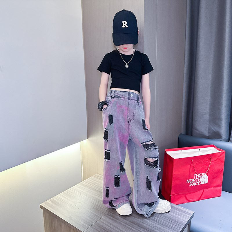 女童破洞牛仔裤2025夏季新款儿童洋气炸街薄款Q大童时髦直筒阔腿