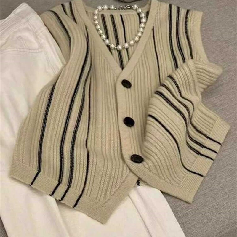 女条纹高级感g针织马甲无袖叠穿小众上衣复古设计感开衫背心
