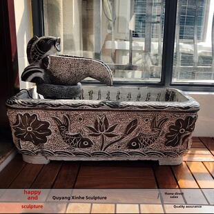 雕鱼缸花盆青石彷古室内养鱼池庭院装饰石雕水缸老石槽户外水槽