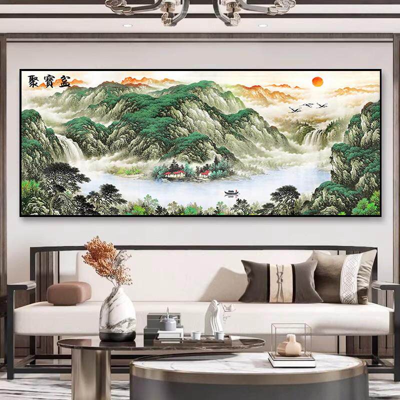 聚宝盆招财新款钻石画2026客厅大气贴钻十字绣山水画风水靠山中式