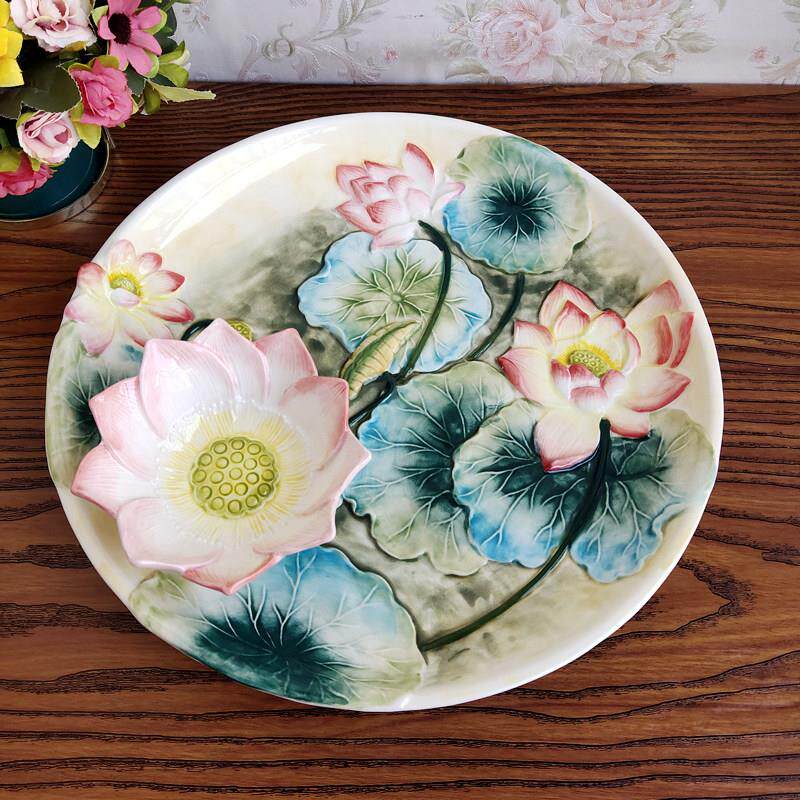 方亚品牌手绘陶瓷荷花饺子盘釉下彩无铅家用餐盘田园风莲花水果盘