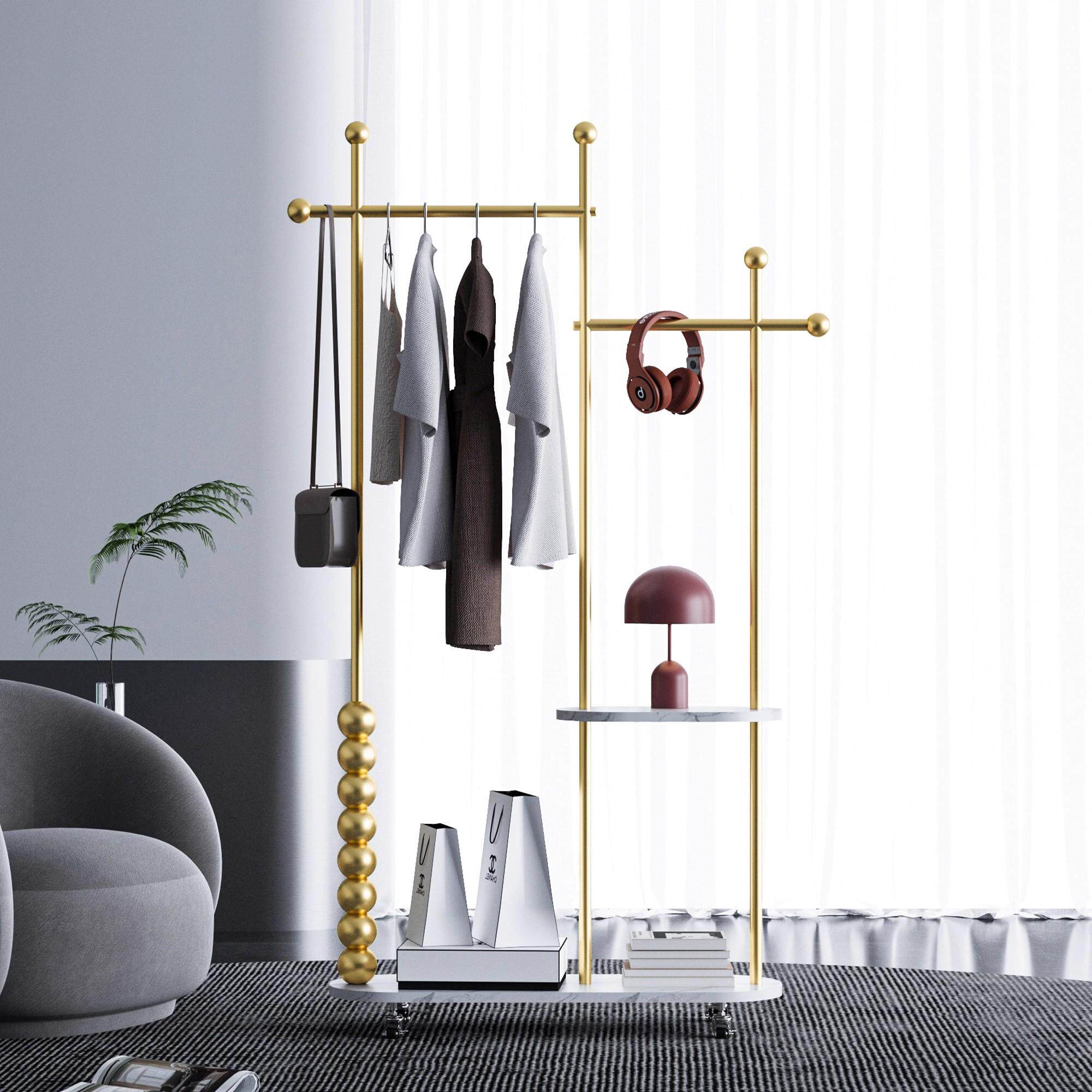 简约不锈钢落地衣帽架家用卧室可移动挂衣架带轮子客厅阳台收纳架