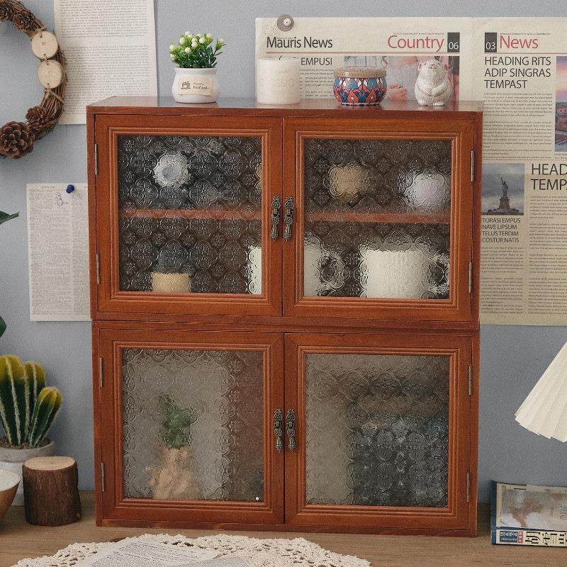 覆古实木茶杯收纳柜日系香水化妆品桌面收纳盒玻璃防尘模型展示柜