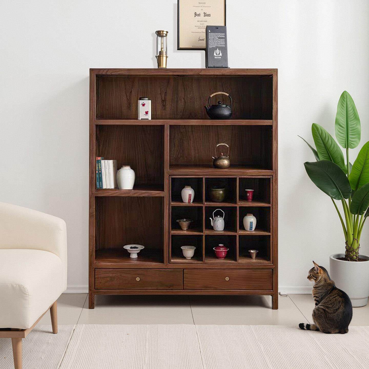 新中式博古架实木展示柜书柜矮款老榆木多宝阁茶室茶壶收纳置物柜,住宅家具,多宝格/博古架,淘宝优惠券,粉丝福利购,淘宝优惠卷