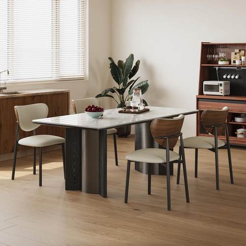 岩板餐桌家用现代中古风实木轻奢高级感小户型意式极简长方形饭桌