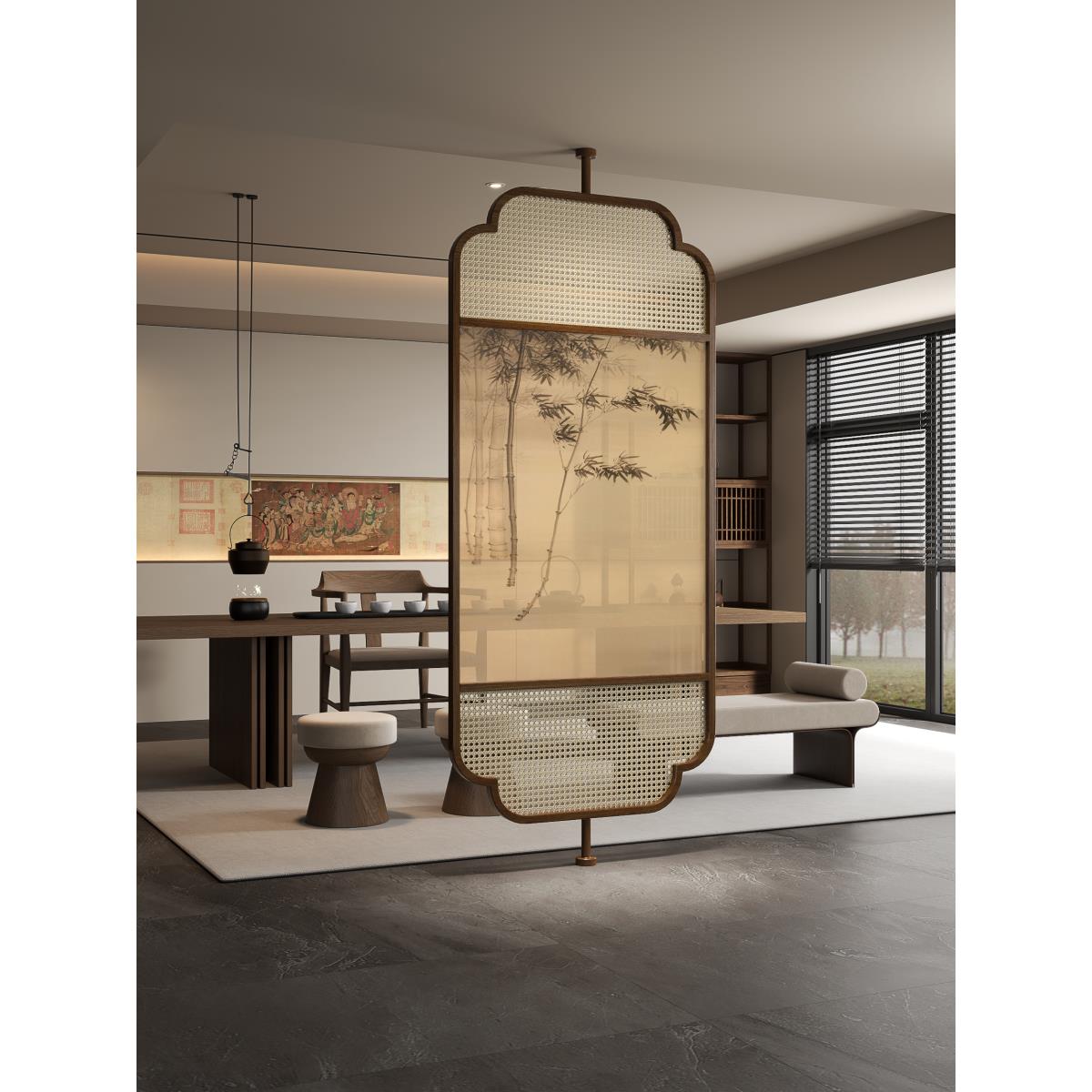 茶室屏风隔断新中式宋代美学全实木藤编可旋转客厅办公室入户遮挡