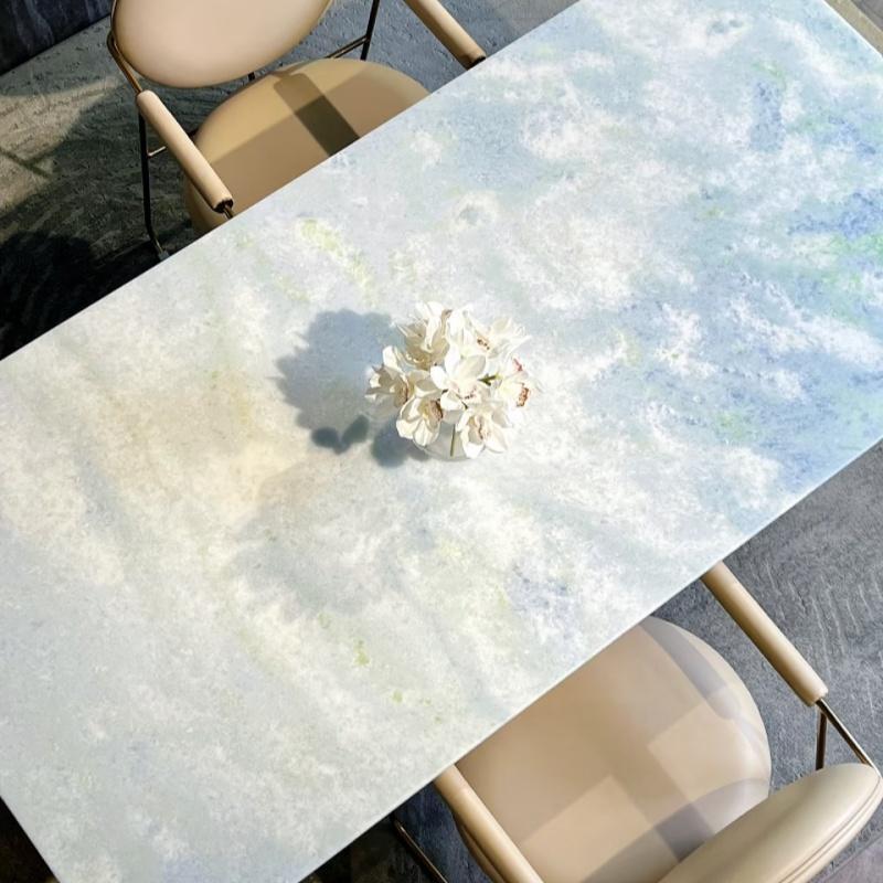 巴西进口天然蓝水晶奢石餐桌长方形极简现代轻奢家用大理石餐桌椅
