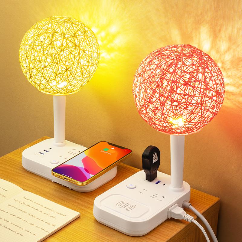 藤球台灯卧室床头灯气氛灯无线 线充电智能语音控制小夜灯带插座