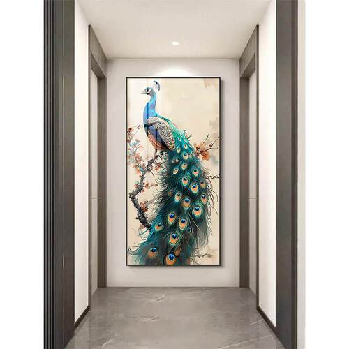 玄关装饰画竖版走廊过道挂画中国风入户客厅正对门墙画孔雀壁挂画
