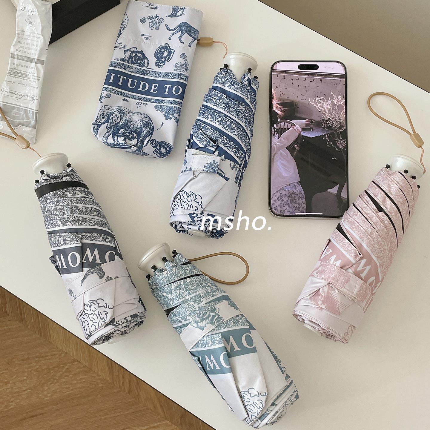 msho轻奢小调迷你五折雨伞女超轻小可携式高颜值ins黑胶防晒遮阳