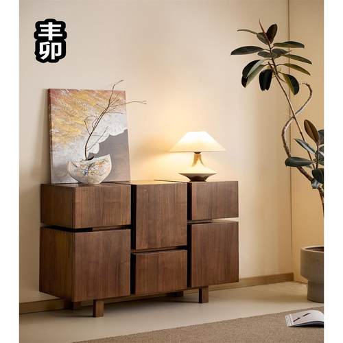 丰卯北美黑胡桃木客厅靠墙收纳柜北欧实木餐边柜家用边柜魔方斗柜