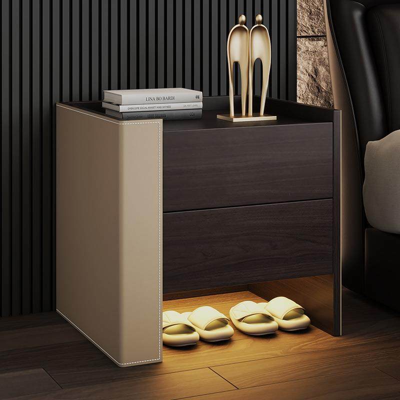 马鞍皮实木床头柜简约现代高端轻奢卧室床边柜意式极简收纳柜整装