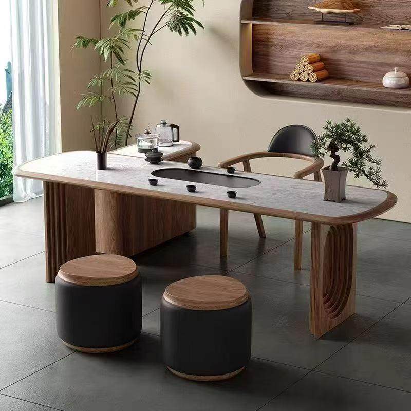 新中式实木茶桌椅组合高端宋式白蜡木岩板别墅会客厅泡茶桌