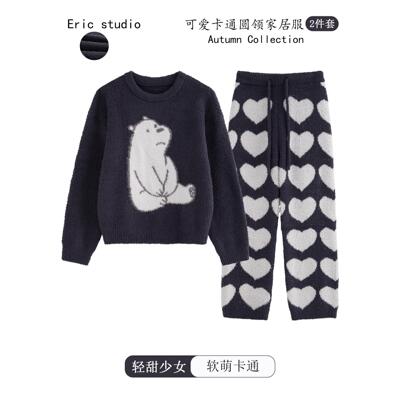 小白熊圆领半边绒睡衣女秋冬季2025新款加厚保暖家居服可外穿套装