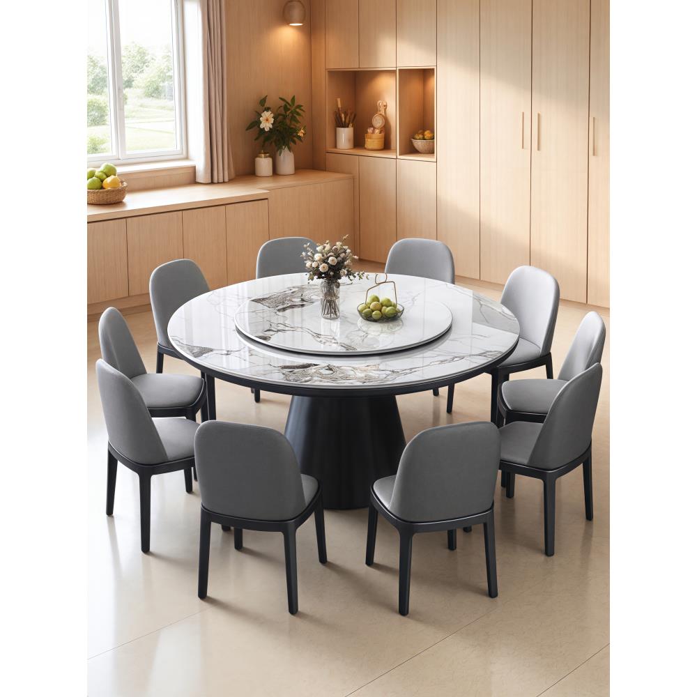 轻奢岩板餐桌椅组合现代简约家用小户型实木圆形饭桌电磁炉大圆桌