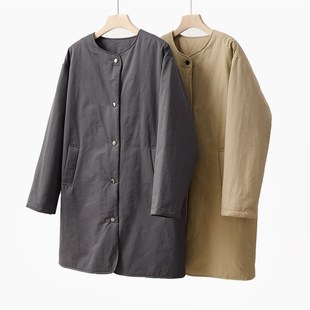 特 女士棉服 中长版加绒防风外套 轻薄圆领丝棉棉袄 冬款女装