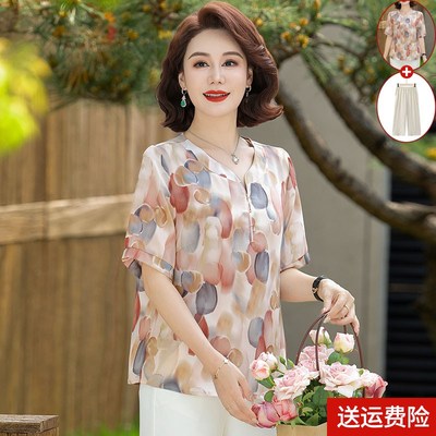 中年妈妈夏装上衣2025新款洋气减龄中老年女短袖T恤雪纺小衫套装