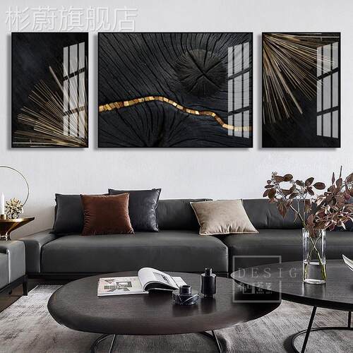 网红轻奢抽象客厅装饰画沙发墙A背景画现三联画晶瓷画气代黑白大