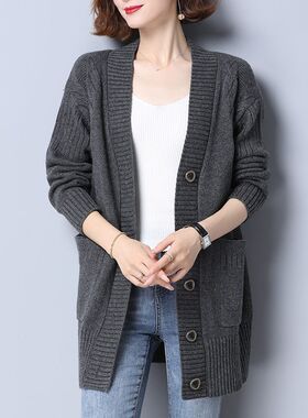 2024秋冬季日韩新款洋气慵懒风针织宽松大码中长款毛衣开衫外套女